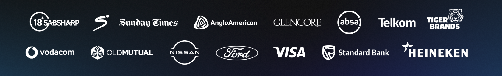 SAB Sharp, Safaricom, Sunday Times, Anglo American, Glencore, Absa, Telkom, Tiger Brands, Vodacom, Old Mutual, Nissan, Ford, Visa, Standard Bank and Heineken